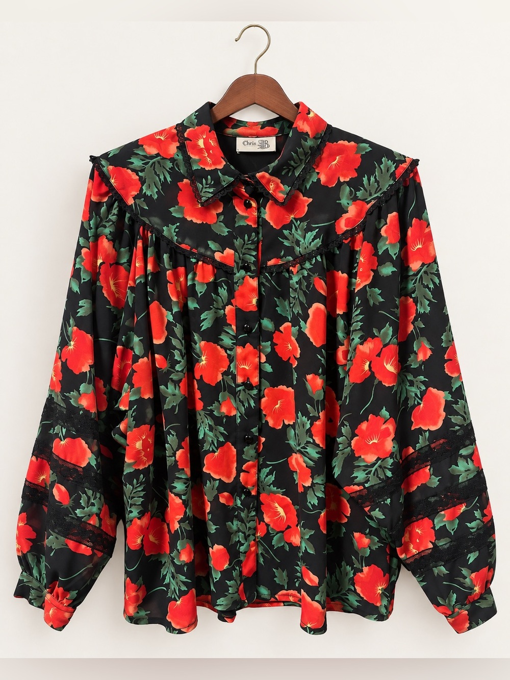 Vintage 80s Chris B Romantic Garden Poppy Floral Lace Sheer Blouse 48/50 XL